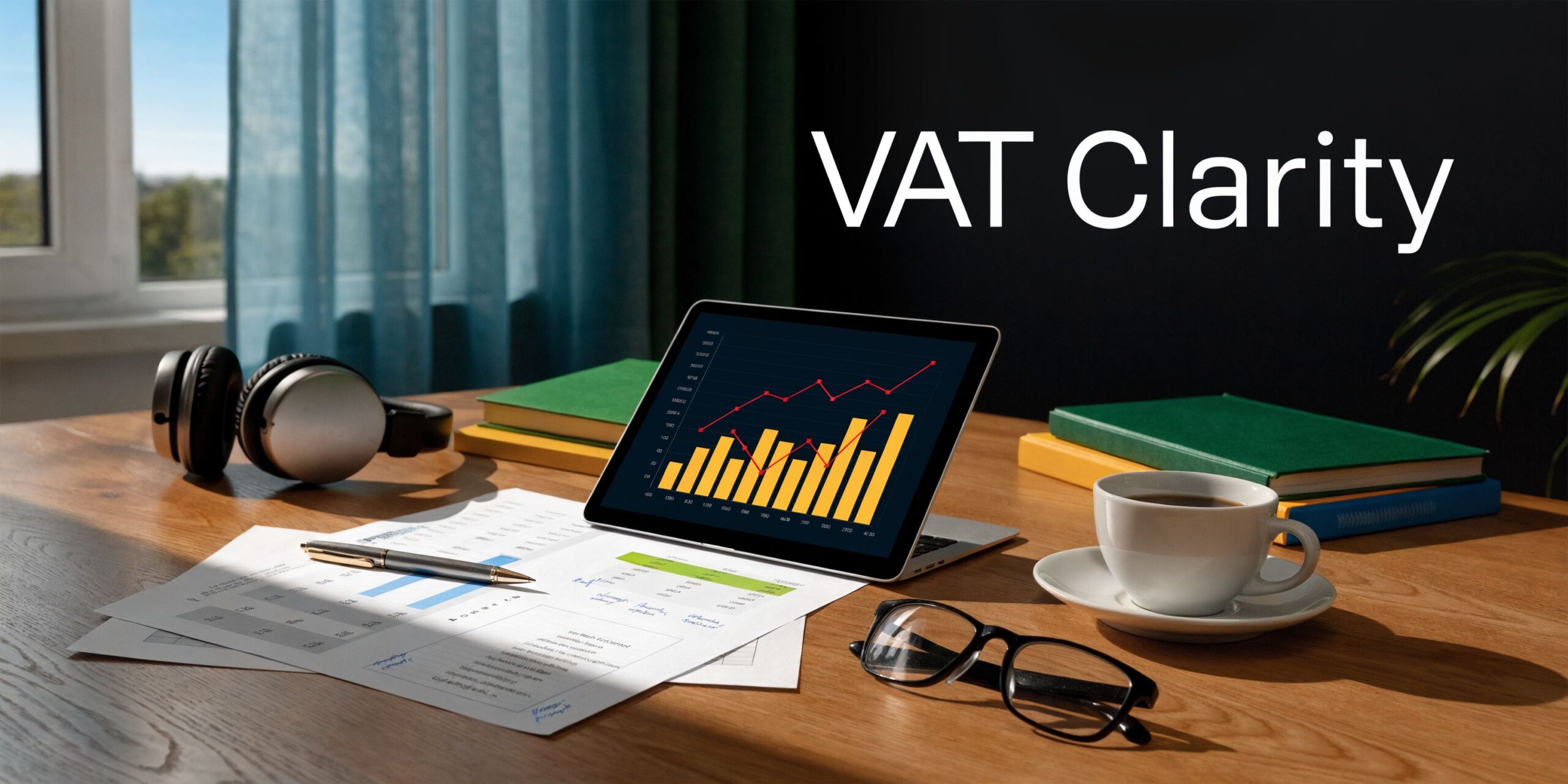 VAT Compliant ERP UAE: The 2026 Compliance Guide 1 A professional office desk with a laptop displaying financial charts, documents, headphones, and a cup of coffee.
