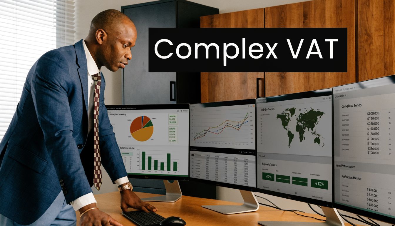Mastering VAT Filing UAE: Your 2026 Compliance Guide 3 A professional man in a business suit analyzing complex VAT data charts on multiple computer monitors.