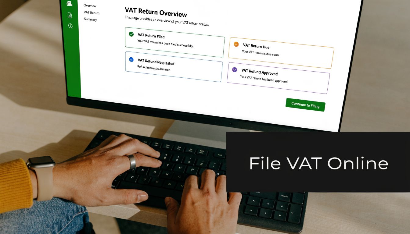 Mastering VAT Filing UAE: Your 2026 Compliance Guide 2 A person typing on a computer keyboard displaying a VAT return status dashboard on the screen.