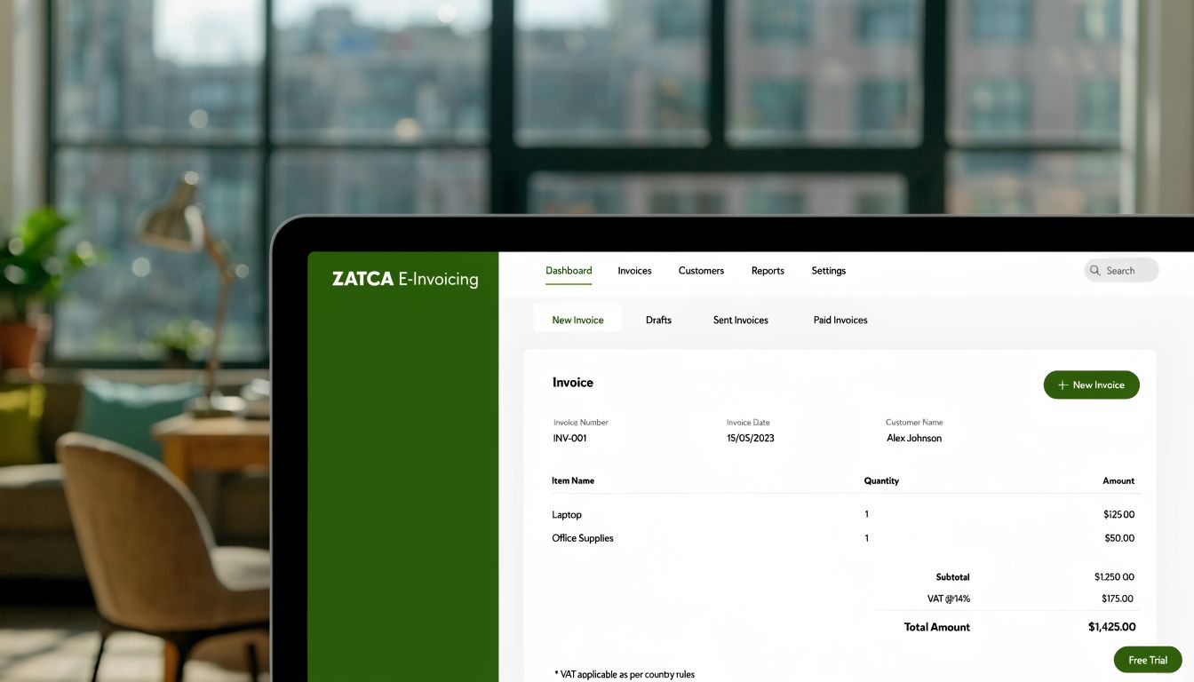 VAT in Saudi Arabia: A 2026 Compliance Guide 2 A digital invoice interface for ZATCA E-Invoicing displayed on a laptop screen in a bright office environment.