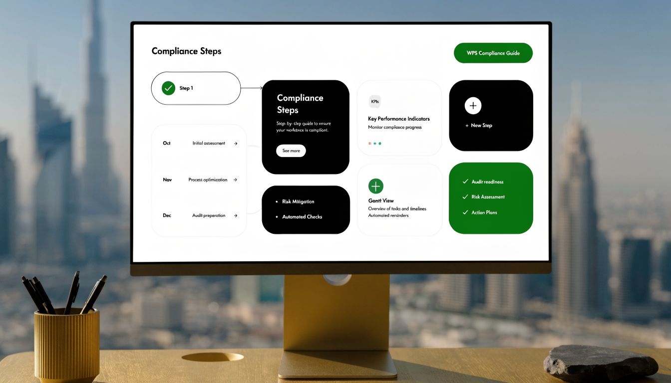 Master WPS Payroll UAE ERP: Automate & Comply 1 A digital interface on a computer monitor showing a step-by-step compliance management workflow for payroll operations.