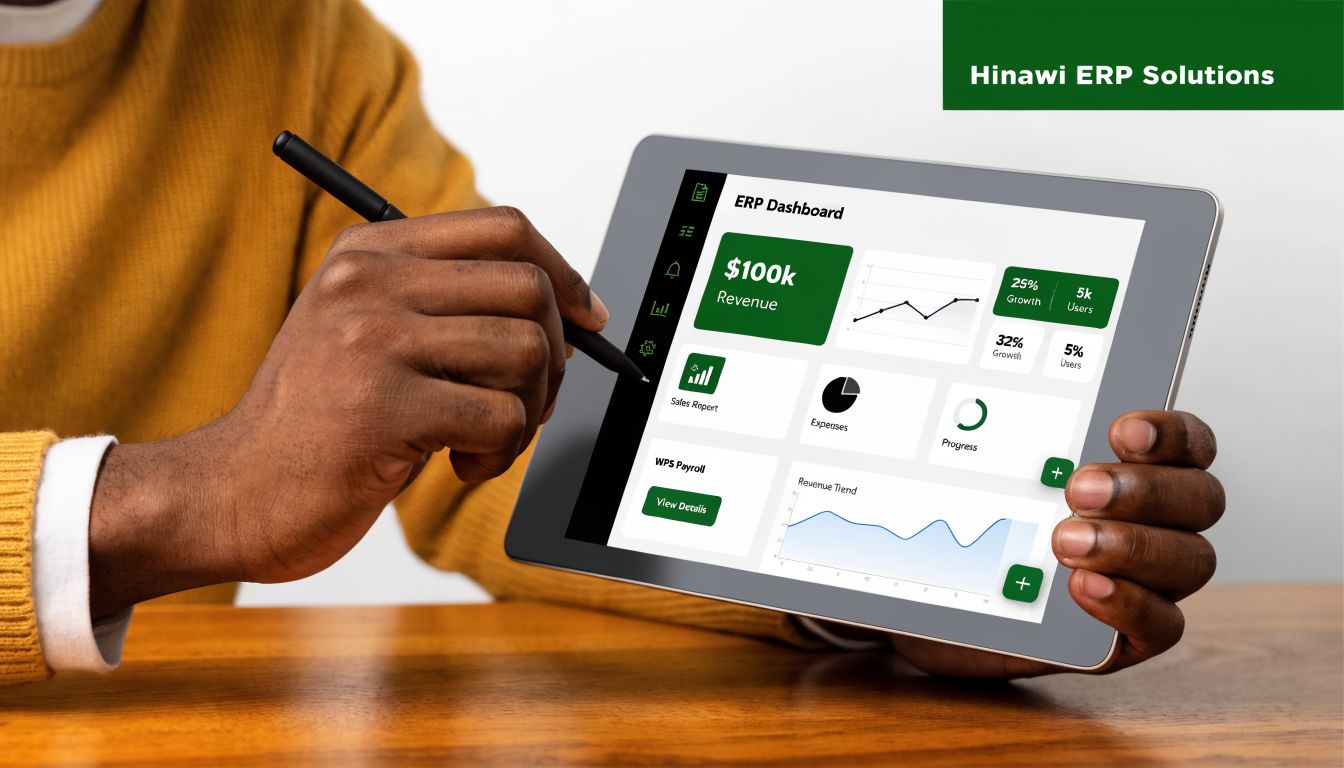 Master WPS Payroll UAE ERP: Automate & Comply 3 A person using a stylus on a tablet displaying an ERP dashboard with revenue and payroll data.