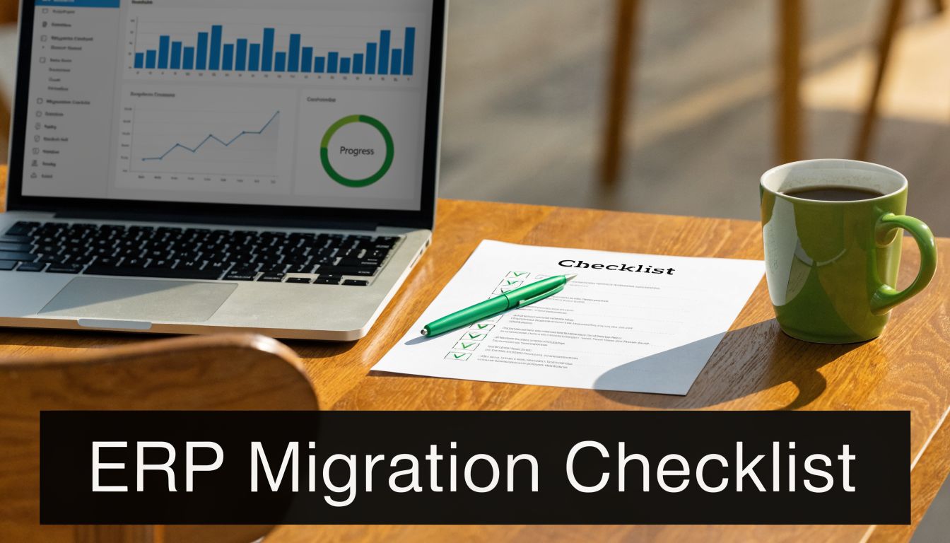 Master WPS Payroll UAE ERP: Automate & Comply 2 A laptop showing business charts next to a checklist with a green pen and coffee cup.
