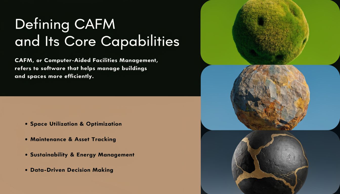 Computer-Aided Facility Management Software for UAE/GCC 1 A slide presenting CAFM, computer-aided facilities management, outlining its core capabilities with decorative sphere graphics.