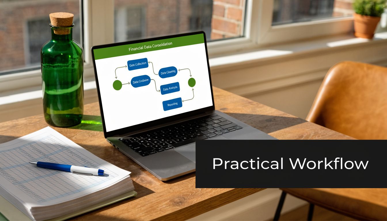 Consolidated Financial Statements: A UAE & GCC Guide 2 A laptop on a wooden desk displaying a financial data workflow diagram next to paperwork.