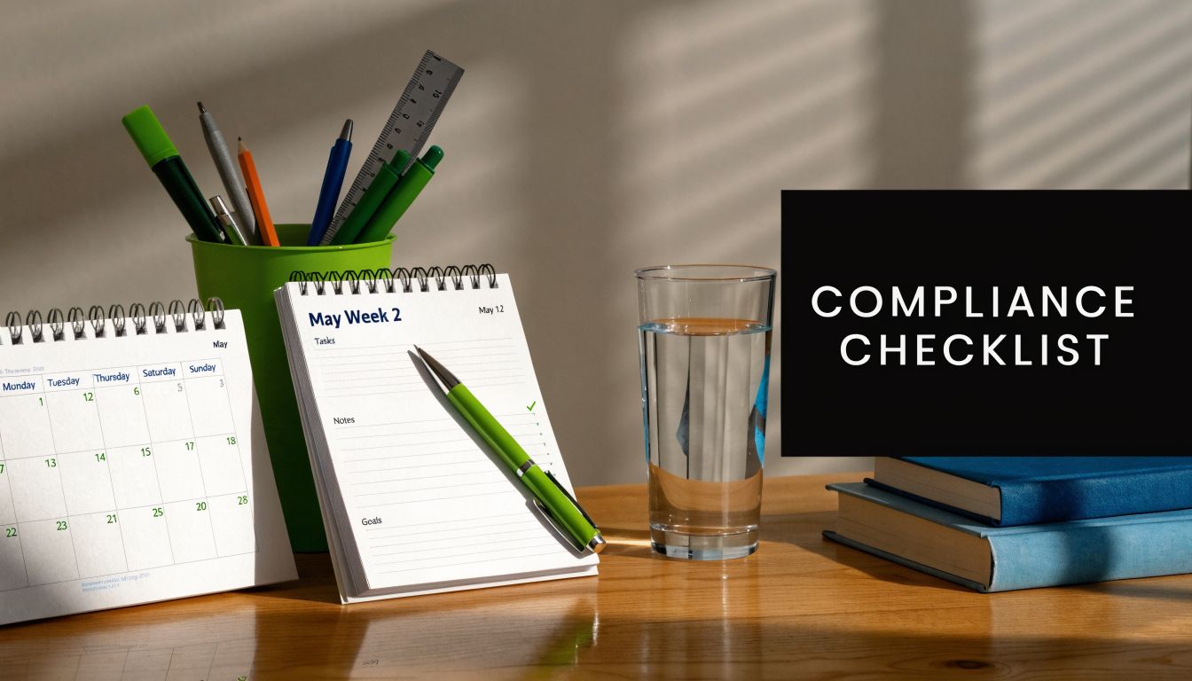 A workspace with a calendar, a notebook with a pen, stationery, and a glass of water.