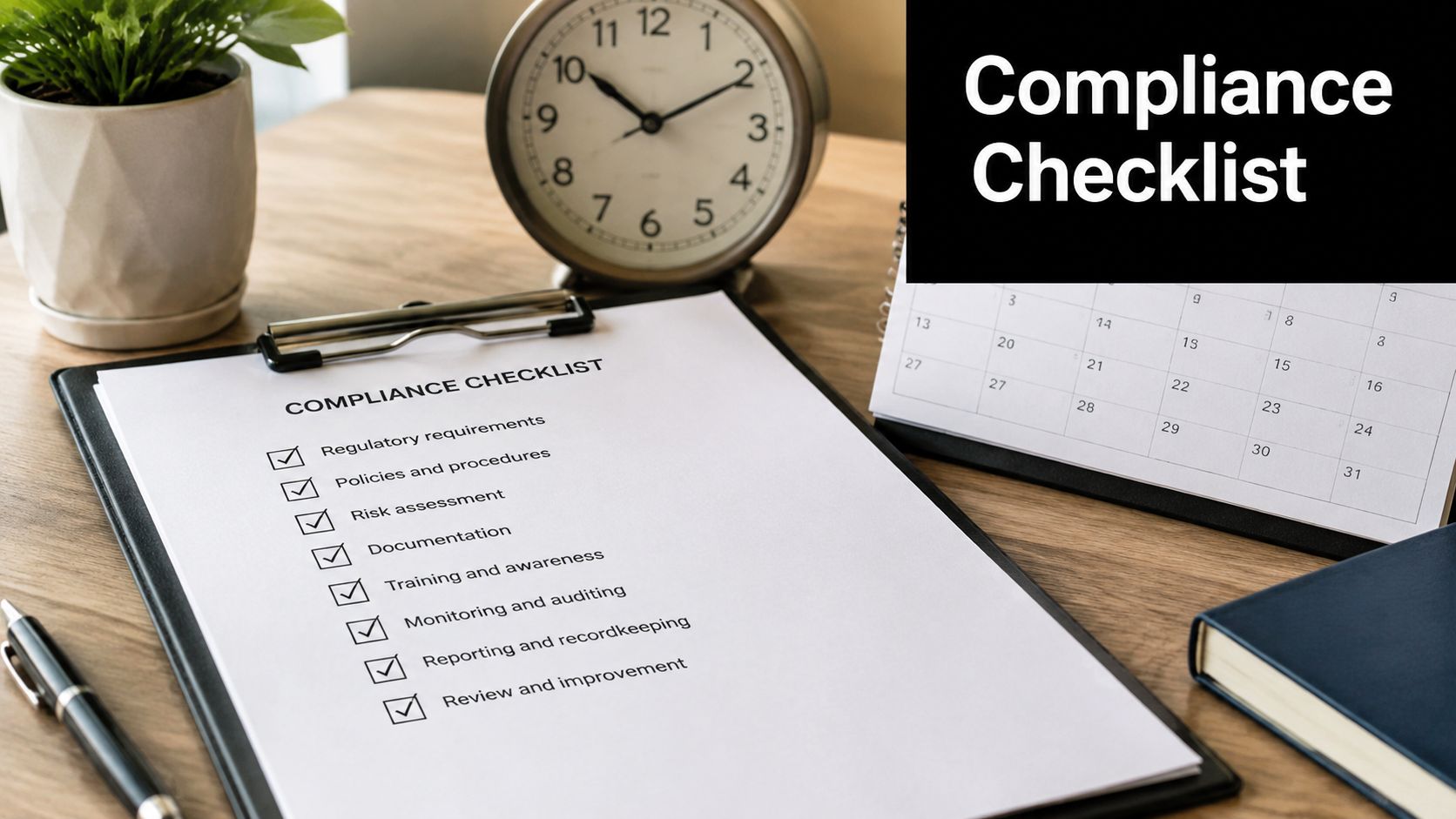 Corporate Tax Registration Deadline: A UAE Guide 3 A compliance checklist on a clipboard with a pen, clock, and calendar on an office desk.