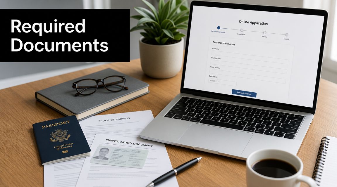 Corporate Tax Registration Deadline: A UAE Guide 2 A laptop showing an online application form alongside a United States passport and identification document on a desk.