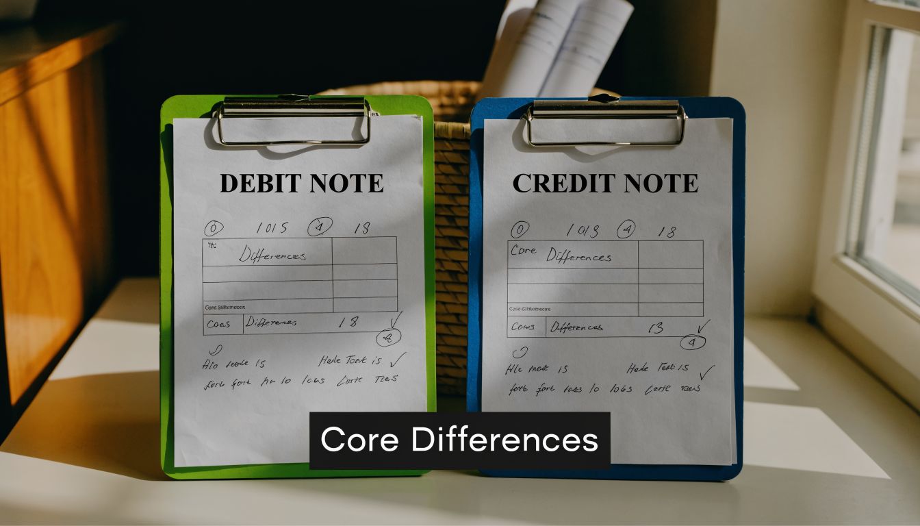 Debit Note Credit Note: UAE & GCC Accounting Guide 1 Two clipboards showing paperwork labeled debit note and credit note side by side on a desk.