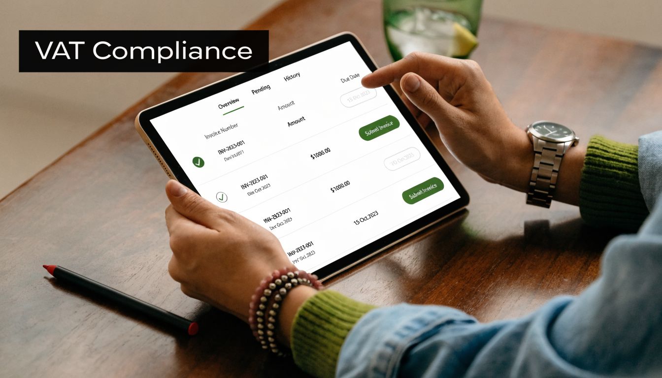 Debit Note Credit Note: UAE & GCC Accounting Guide 2 A person using a tablet to view and manage invoice and tax compliance information in a digital interface.