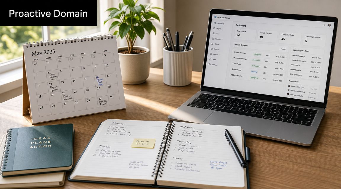 A professional workspace with a laptop displaying a project management dashboard, a desk calendar, and a planner.