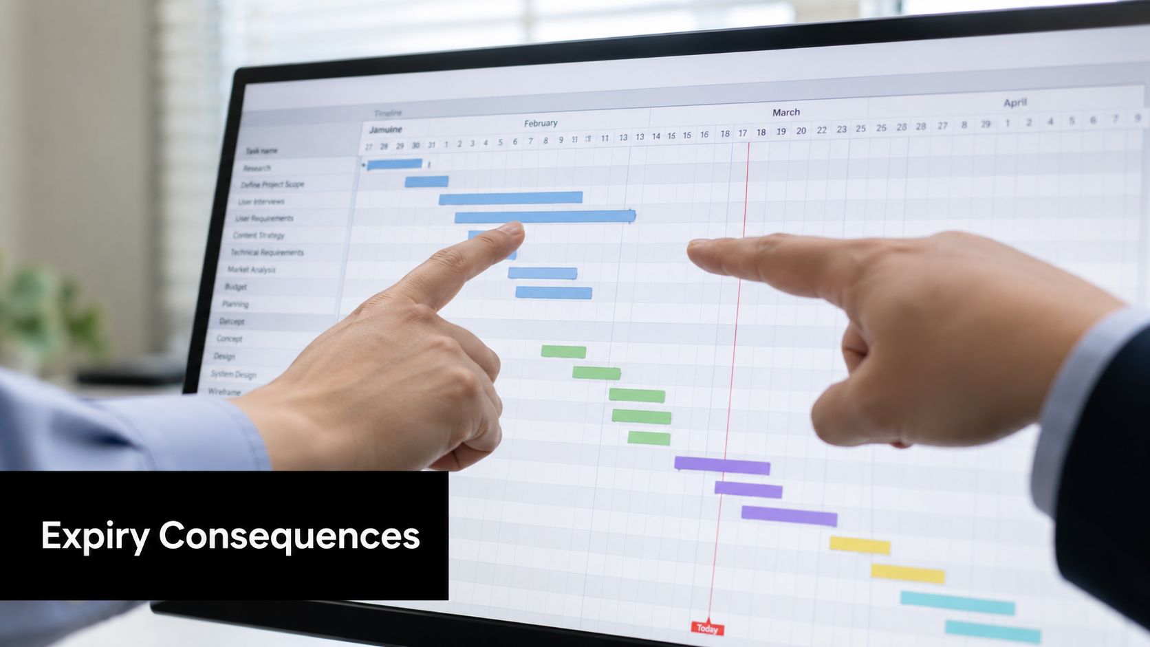 A professional checking a project timeline on a monitor screen to monitor task progress and deadlines.