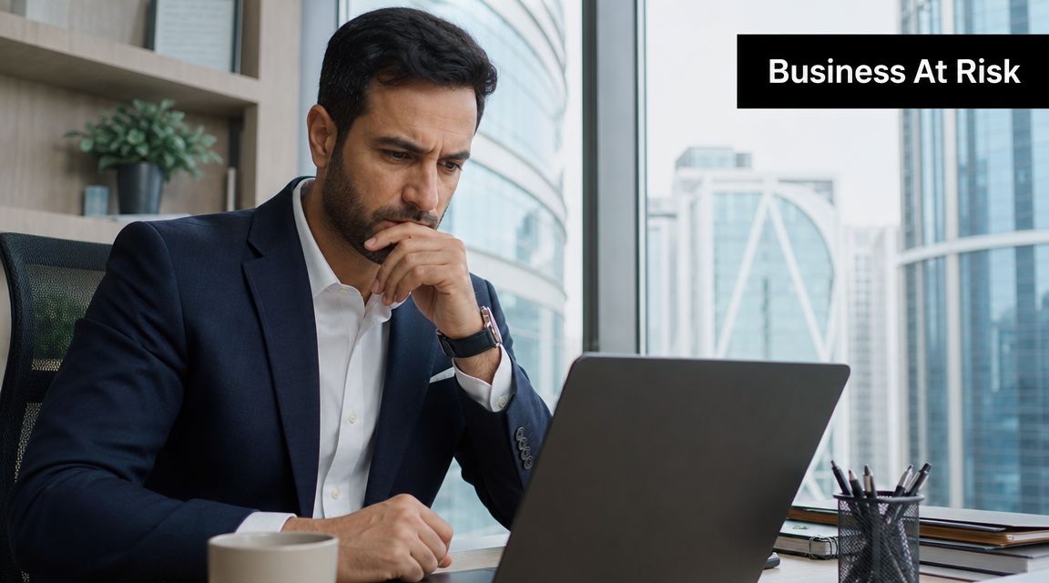 A concerned businessman in a suit sitting at his desk, looking at his laptop screen thoughtfully.