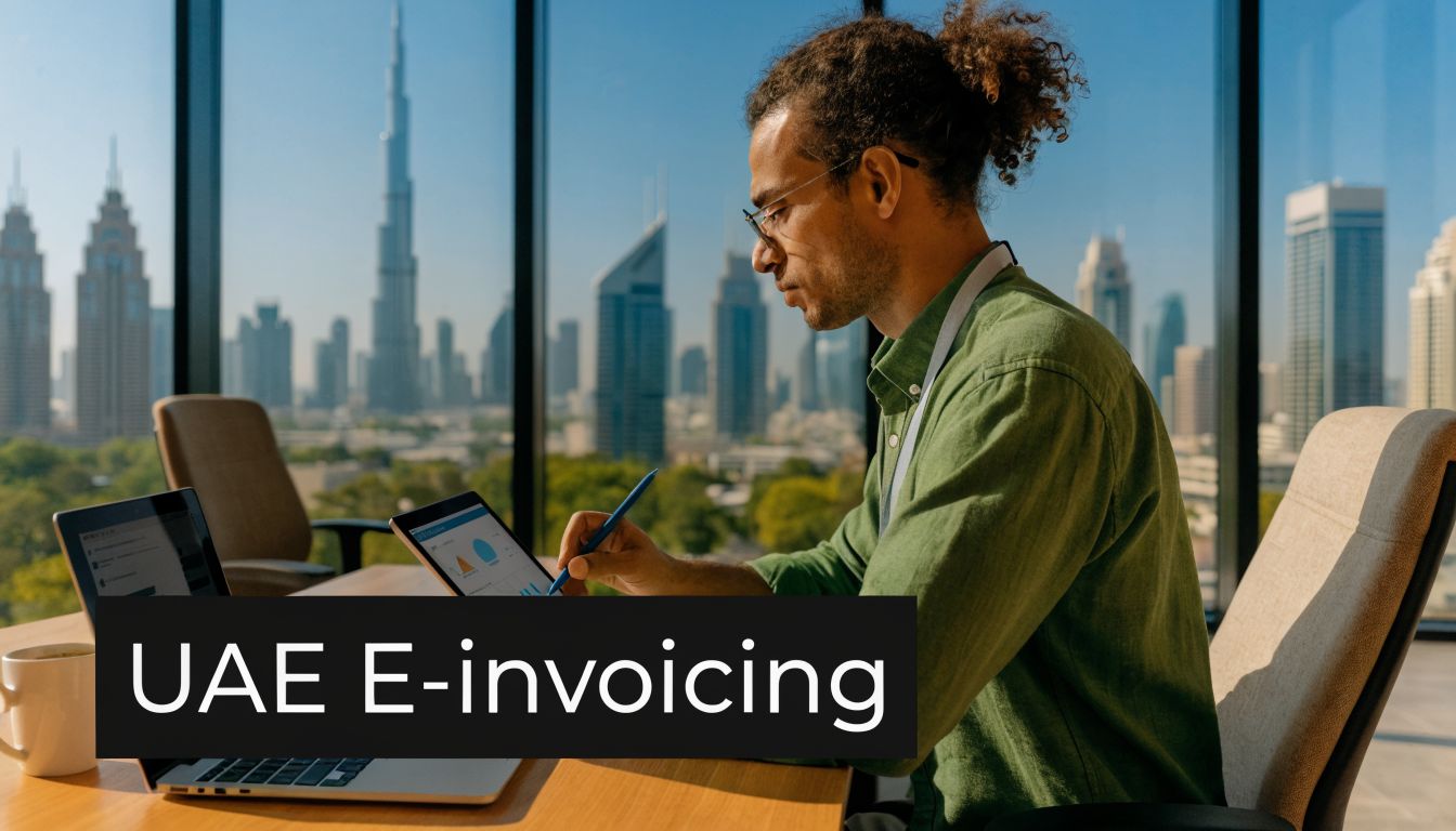 E-invoicing in UAE: Your 2026 Compliance Guide 1 A professional working on a tablet with charts overlooking the Dubai city skyline for UAE e-invoicing.