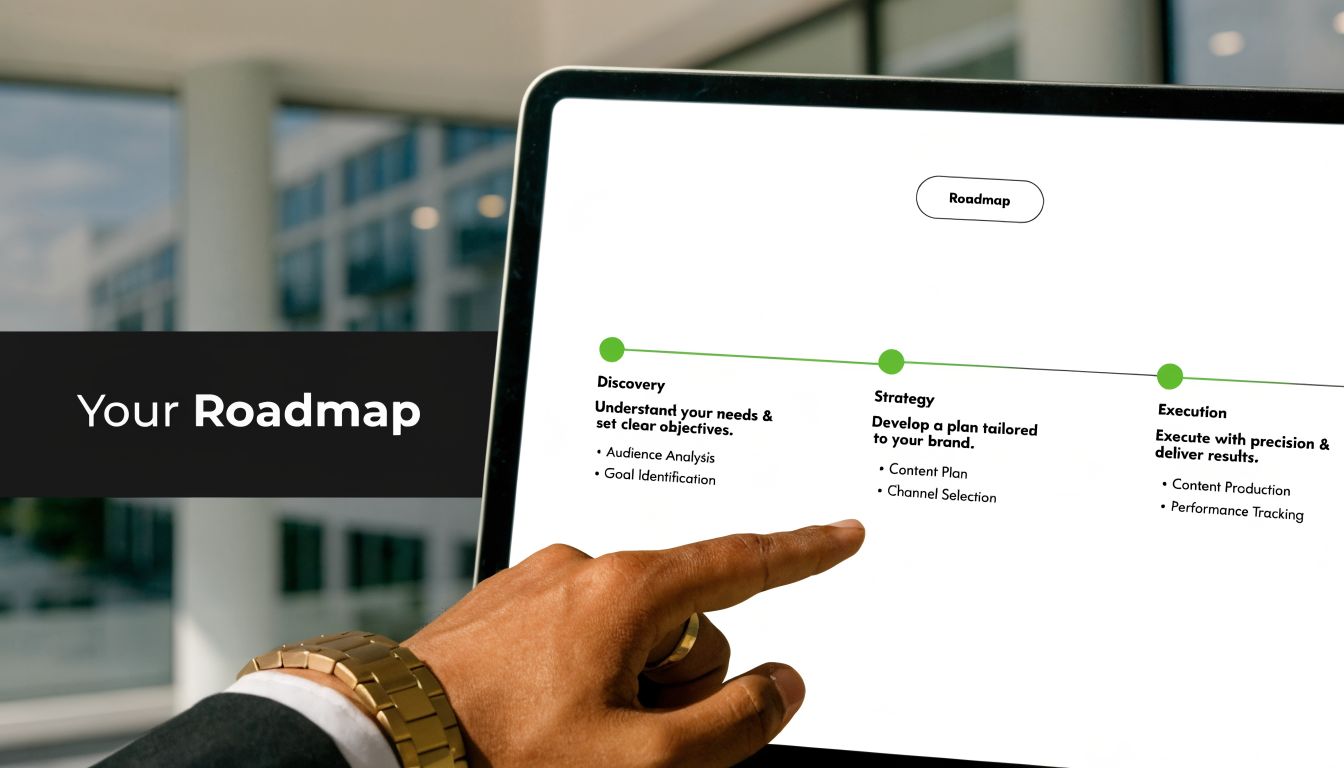 E-invoicing in UAE: Your 2026 Compliance Guide 3 A businessman pointing at a digital roadmap screen outlining discovery, strategy, and execution steps for business.