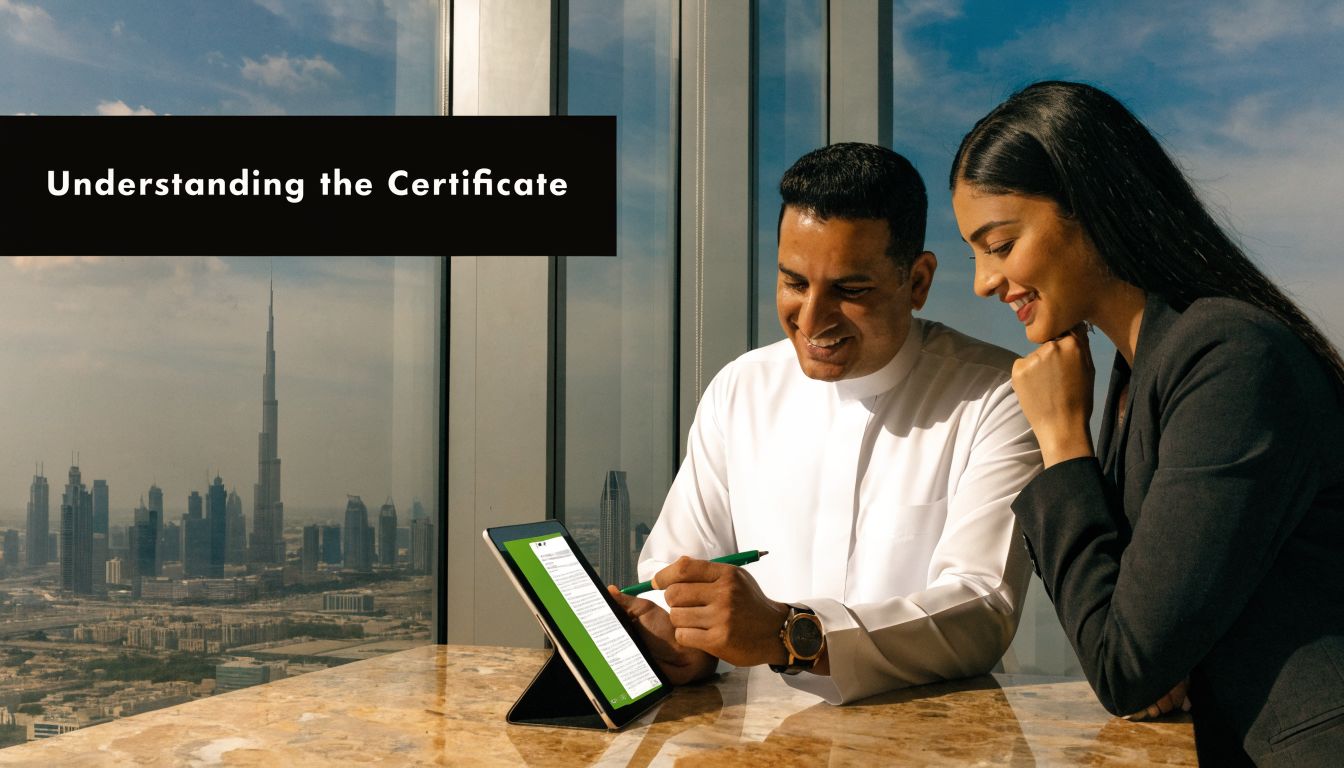 Employee Experience Certificate: UAE & GCC Guide 2026 1 A professional man in traditional clothing and a woman in a business suit reviewing a digital certificate.