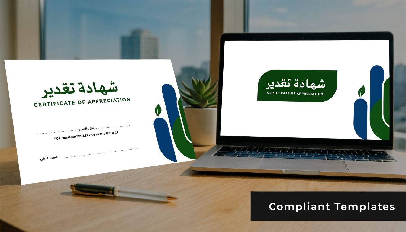 Employee Experience Certificate: UAE & GCC Guide 2026 3 A professional certificate of appreciation template displayed on a printed paper and a laptop screen.