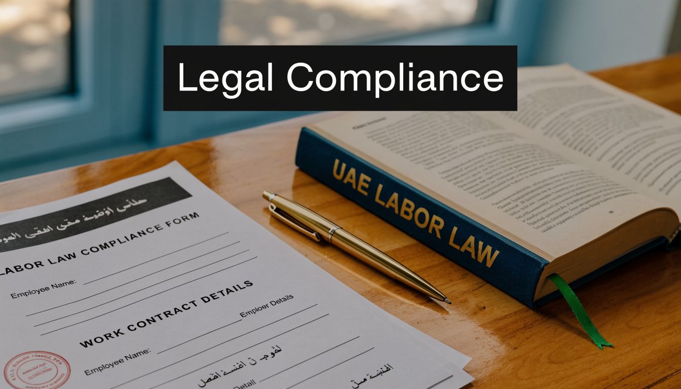 Employee Experience Certificate: UAE & GCC Guide 2026 2 Legal documents and a UAE Labor Law textbook placed on a wooden desk with a gold pen.