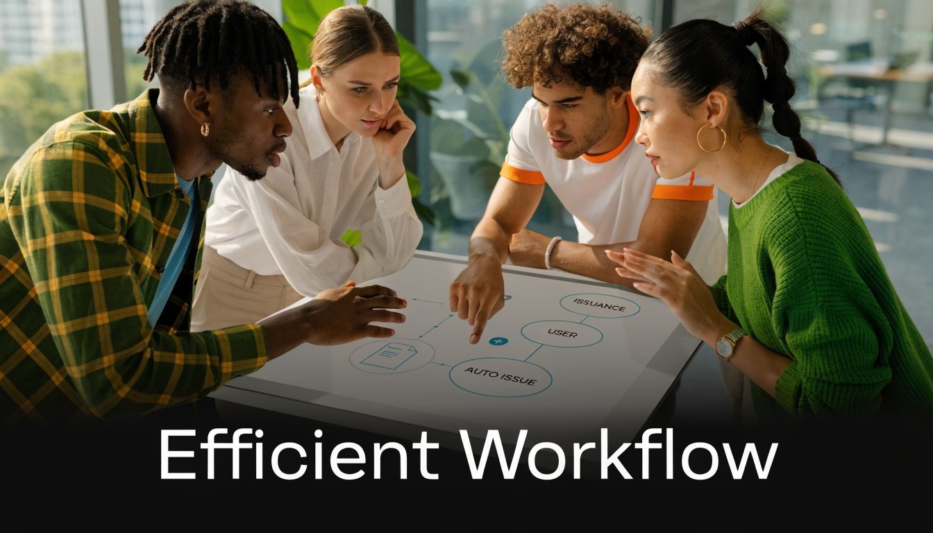 Employee Experience Certificate: UAE & GCC Guide 2026 4 A diverse group of professionals collaborating around a digital table displaying a workflow diagram for employee certification.
