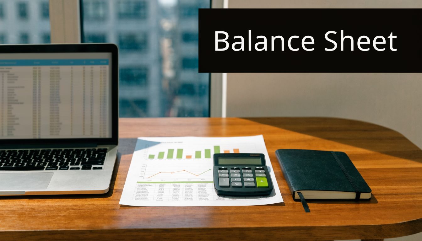 10 Essential Financial Report Examples for GCC Businesses 1 A modern office desk featuring a laptop, a financial chart document, a calculator, and a notebook.