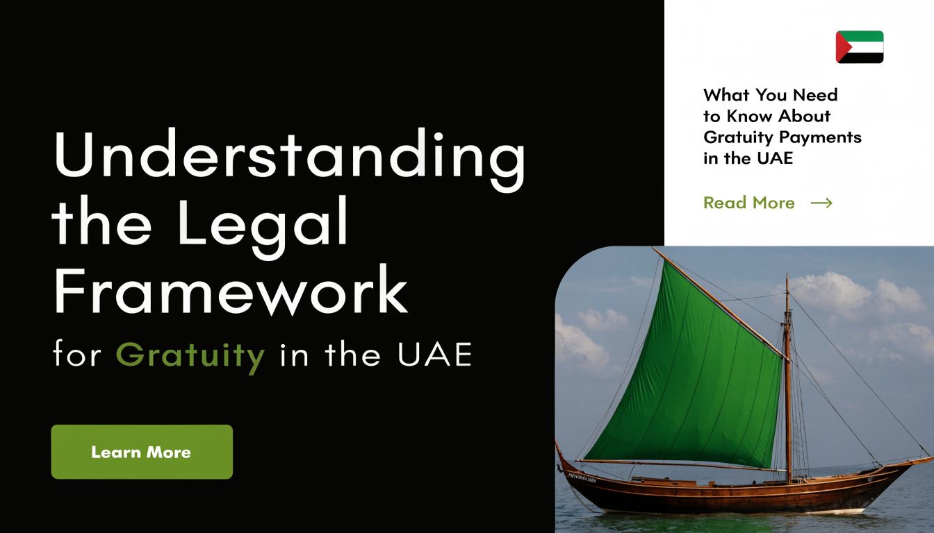 How to Compute Gratuity A UAE & GCC Payroll Guide 1 A promotional graphic titled Understanding the Legal Framework for Gratuity in the UAE featuring a traditional boat.