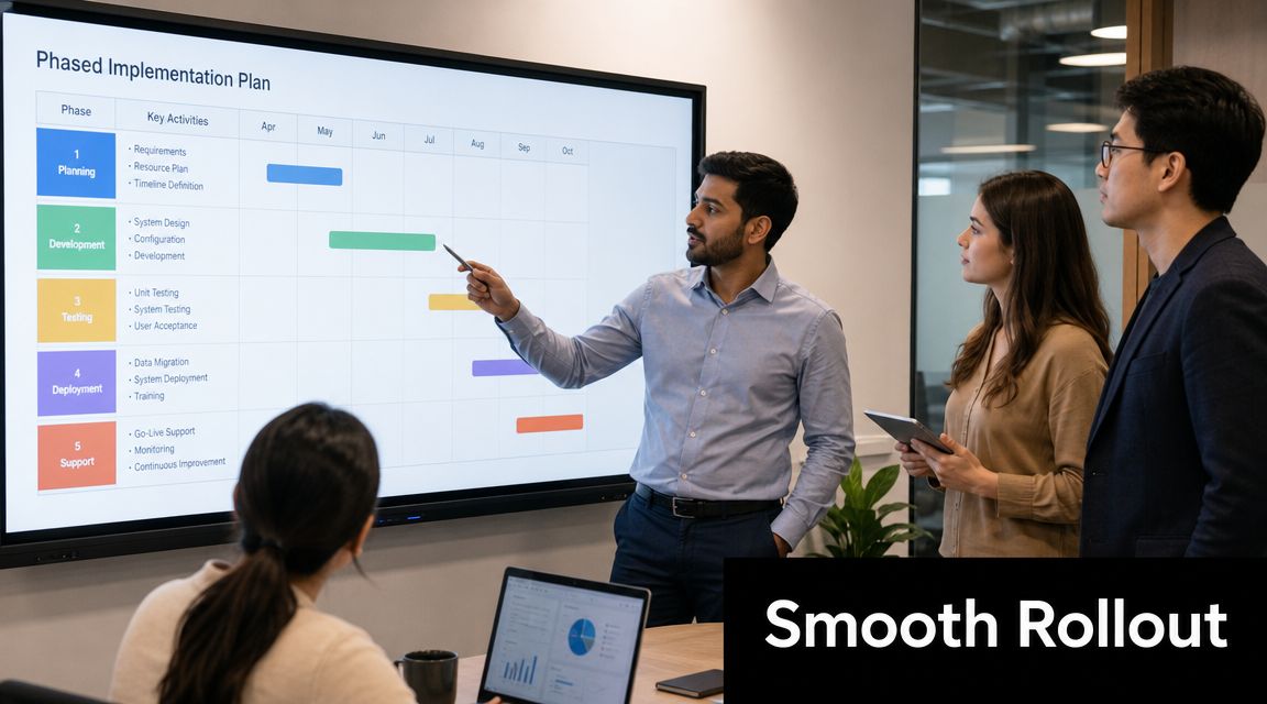 Your Guide to HR Software in the UAE & GCC 3 A professional team discussing a phased implementation plan for HR software on a digital display board.