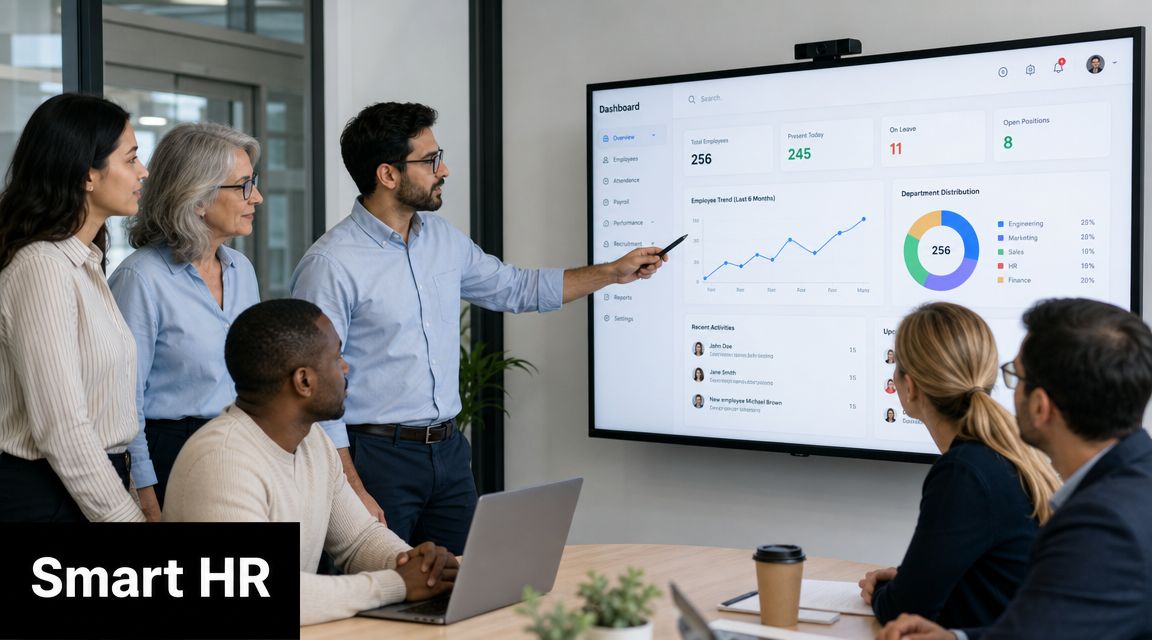 Your Guide to HR Software in the UAE & GCC 1 A professional business team collaborating during a meeting while viewing HR dashboard analytics on a large screen.
