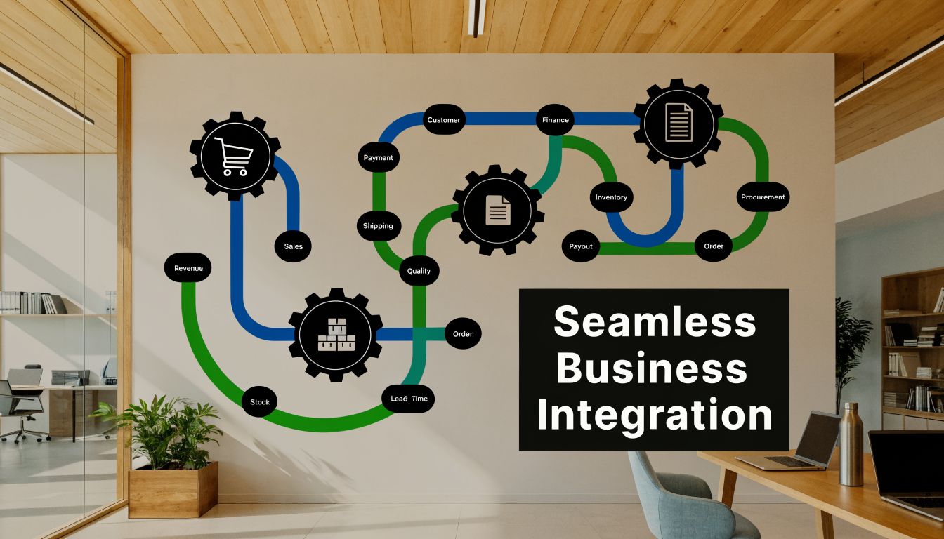 Top Inventory Accounting Software for UAE Businesses in 2026 3 A digital infographic on an office wall depicting a complex workflow connecting business processes with interconnected gears and lines.