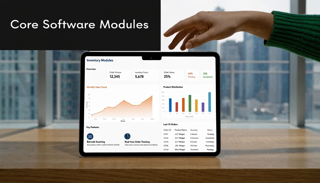 Top Inventory Accounting Software for UAE Businesses in 2026 2 A digital tablet displaying an inventory management dashboard interface with various charts, graphs, and order tracking metrics.