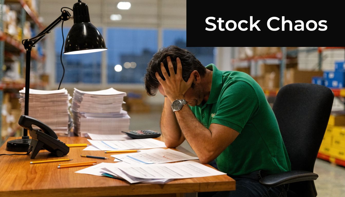 Top Inventory Accounting Software for UAE Businesses in 2026 1 A stressed warehouse employee sitting at a desk covered in paperwork, representing inventory management challenges.