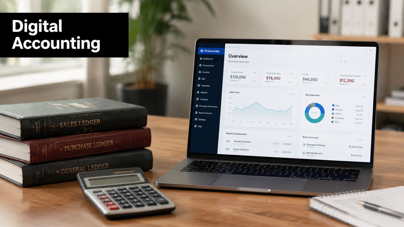 A laptop displaying a digital accounting dashboard next to traditional ledger books and a calculator.