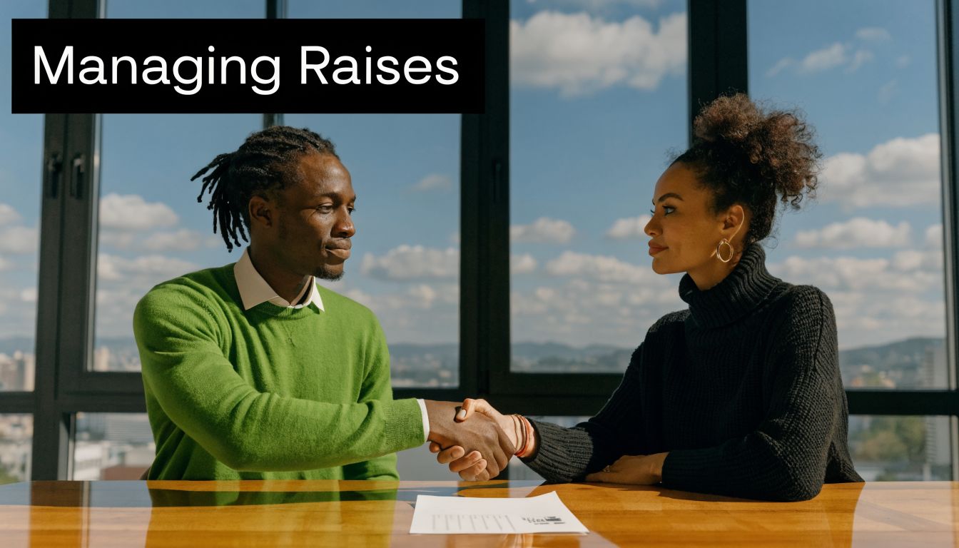Pay Increment Letter Guide for UAE Businesses 4 A professional man and woman shaking hands across a desk while discussing a pay increment letter.