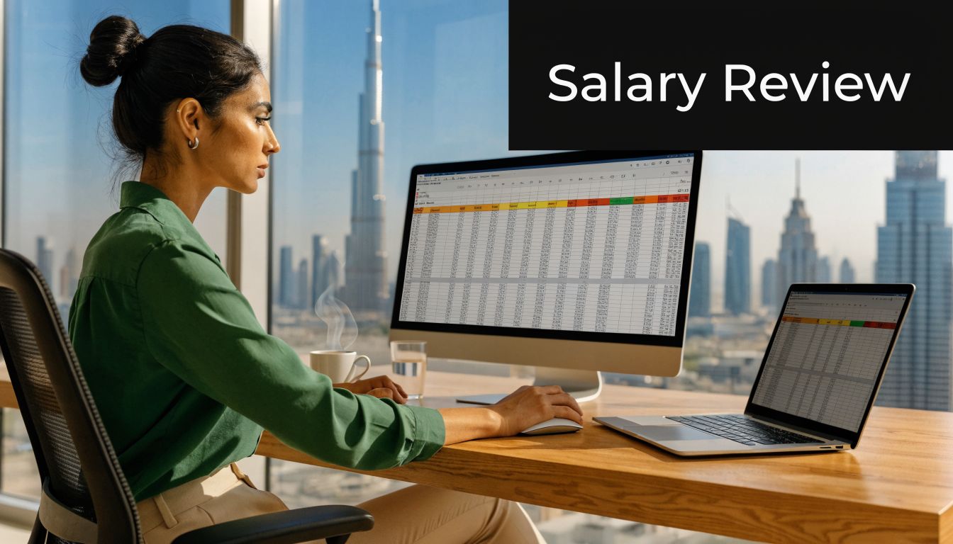 Pay Increment Letter Guide for UAE Businesses 1 A professional woman reviews salary data on dual monitors while sitting in a modern office overlooking skyscrapers.