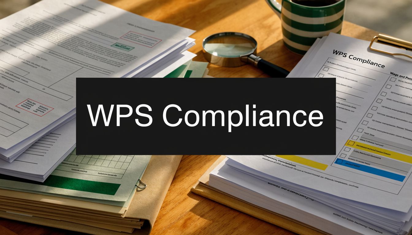 Pay Increment Letter Guide for UAE Businesses 3 Papers related to WPS compliance and payroll documents are organized on a wooden desk with a magnifying glass.