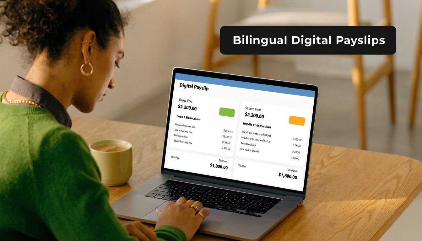Pay Slip Formats A UAE & GCC Guide for 2026 2 A woman working on a laptop displaying a bilingual digital payslip in English and French.