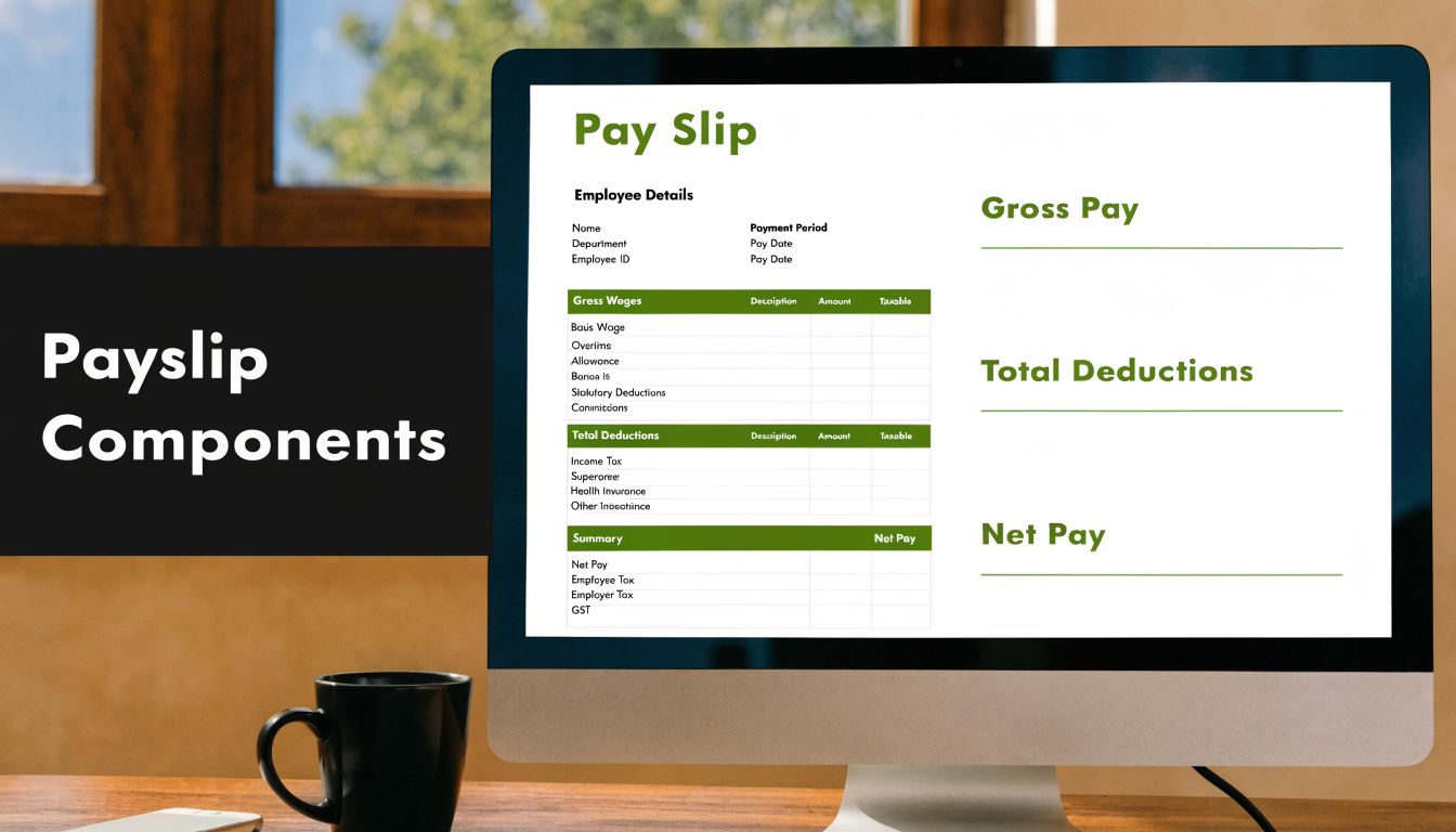 Pay Slip Formats A UAE & GCC Guide for 2026 1 A computer monitor displaying a pay slip template with fields for employee details and salary calculations.