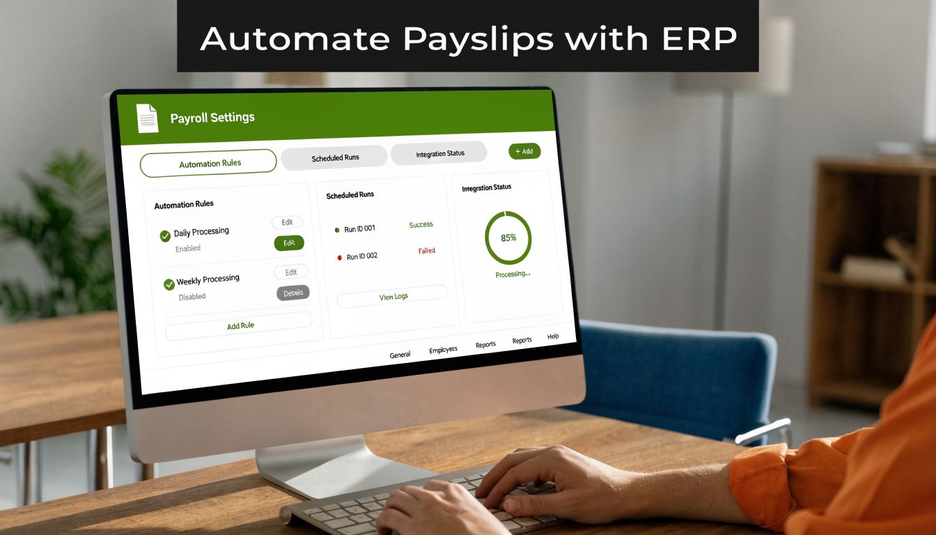 Pay Slip Formats A UAE & GCC Guide for 2026 4 A person working at a computer screen showing payroll automation software settings and integration status.