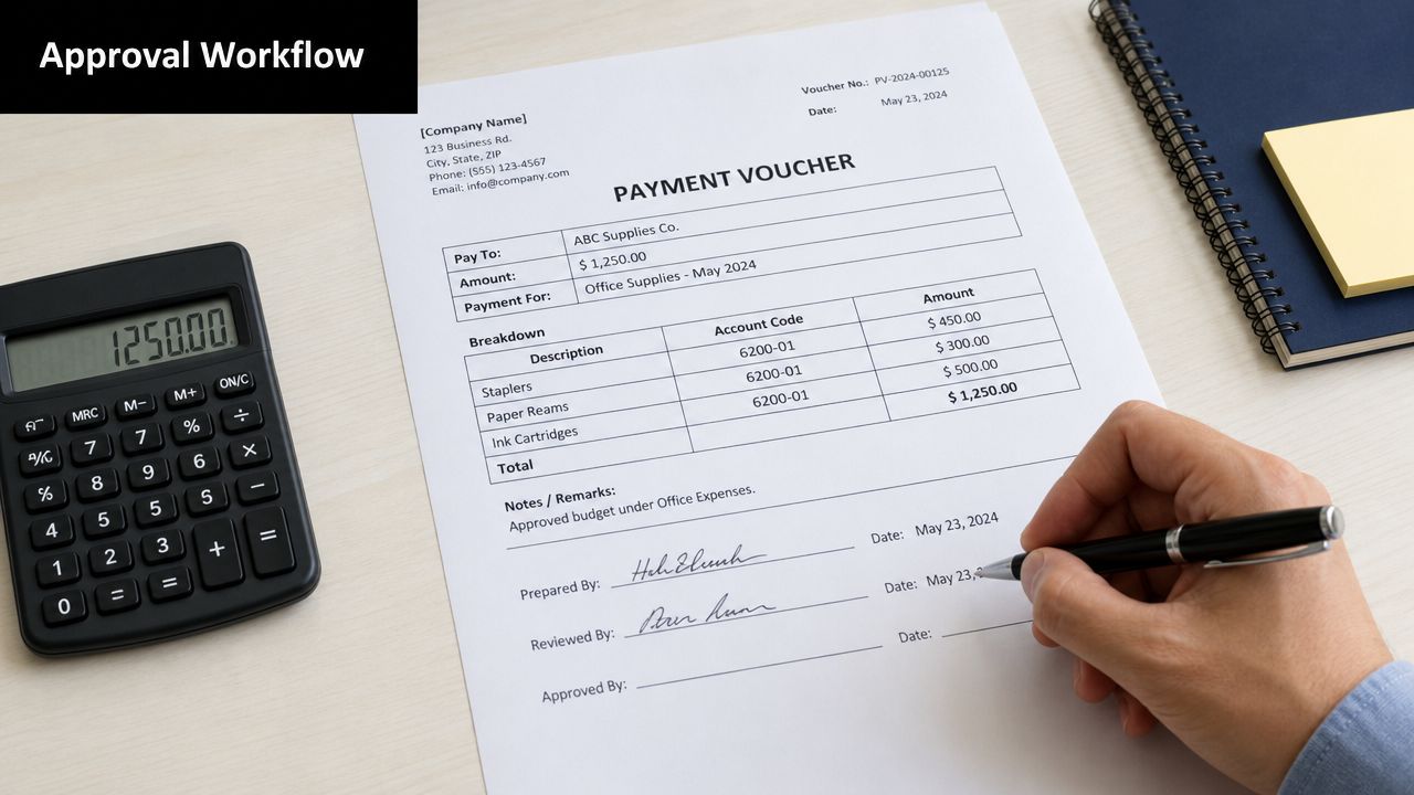 A person signs a payment voucher document next to a calculator and a notebook on a desk.