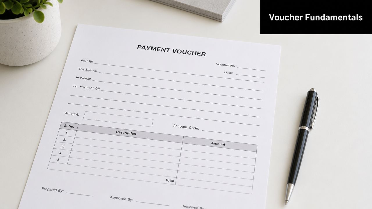 A blank payment voucher form on a clean desk with a pen and a plant nearby.