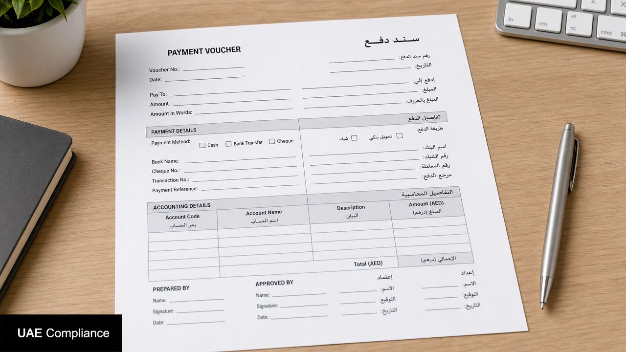 A blank payment voucher template printed on paper, resting on a wooden desk with a pen and notebook.