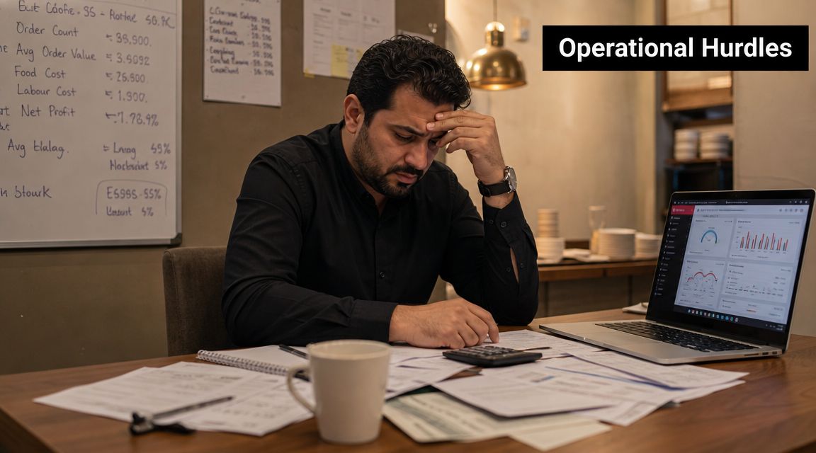 A stressed restaurant owner sitting at a desk with financial papers, a calculator, and a laptop displaying data.