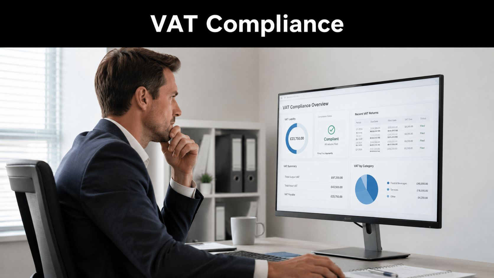 A professional man sitting at a desk reviewing VAT compliance dashboard data on his office computer screen.