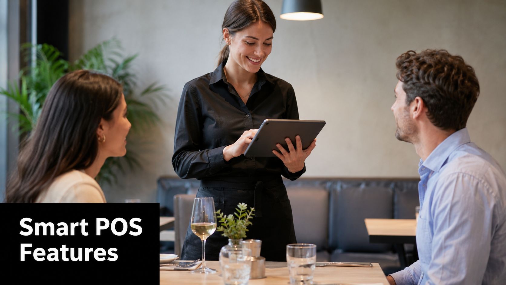 A friendly waitress uses a digital tablet to take an order from a couple in a restaurant.