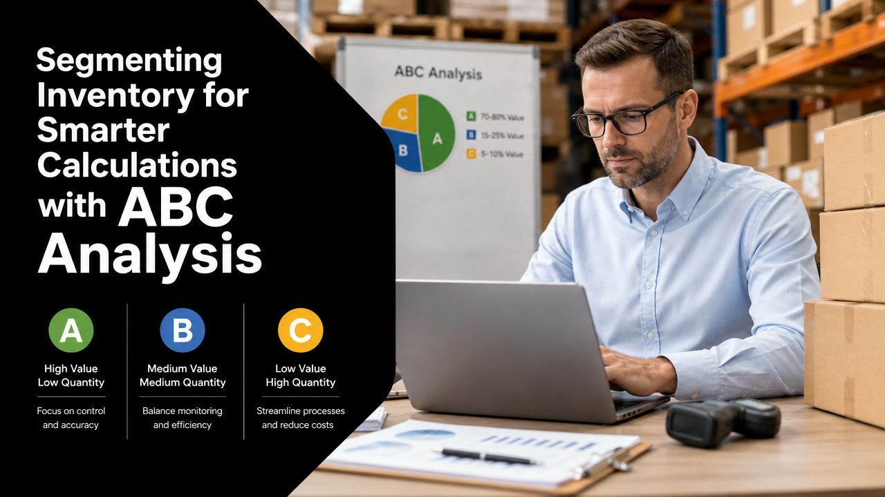 Safety Stock Calculation: Master Optimal Inventory in 2026 2 A warehouse manager using a laptop to analyze inventory using the ABC analysis method for stock management.