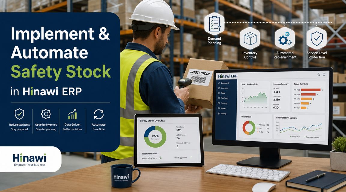 Safety Stock Calculation: Master Optimal Inventory in 2026 3 A warehouse worker scans a box while a computer monitor displays Hinawi ERP safety stock analytics dashboard.