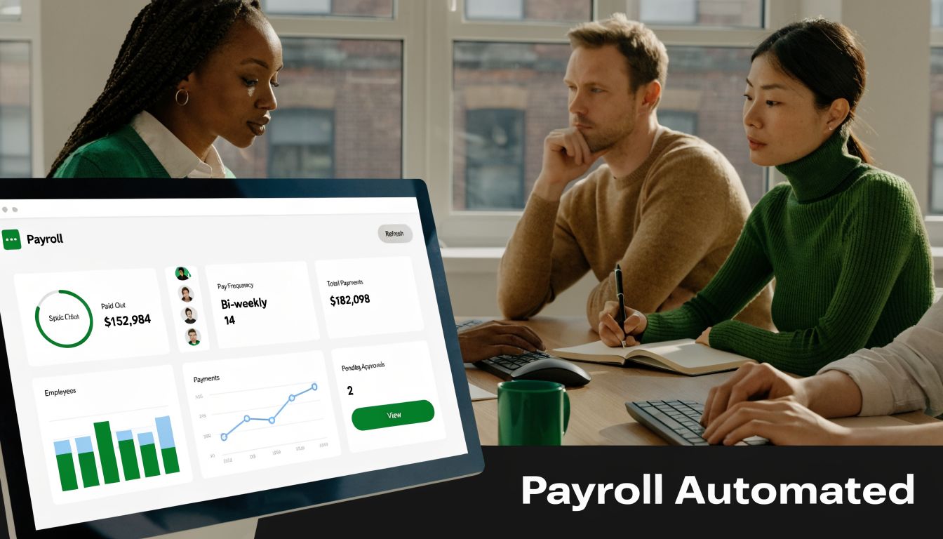 Mastering Salary Slip Format UAE for 2026 2 A professional team discussing payroll automation software on a computer screen in a modern office environment.