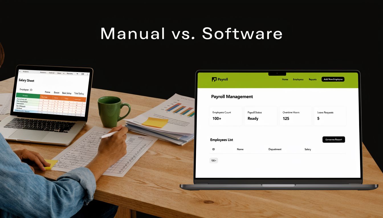 Mastering Salary Slip Format UAE for 2026 1 A split screen comparing traditional manual payroll processes with modern automated payroll management software on laptops.