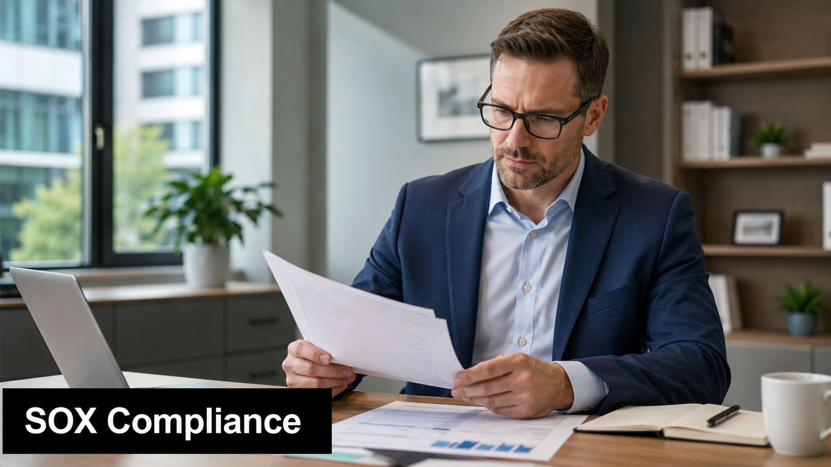Expert Guide: Sarbanes Oxley Compliance for UAE/GCC 1 A professional man in a business suit reviewing financial documents while sitting at his office desk.