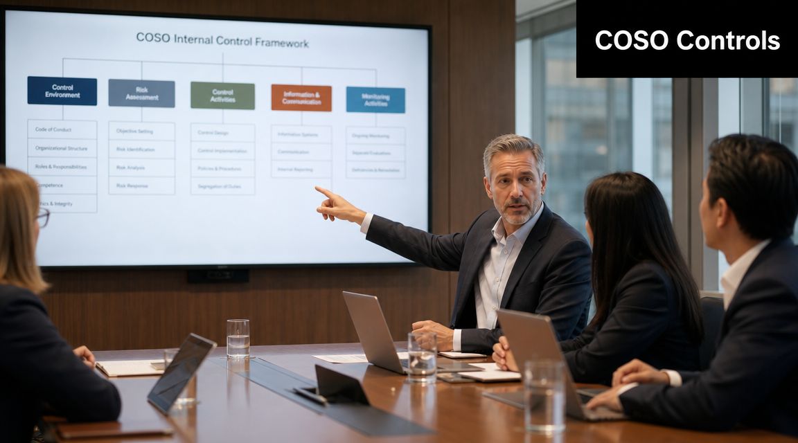Expert Guide: Sarbanes Oxley Compliance for UAE/GCC 2 A professional business meeting with a presenter pointing to a screen showing the COSO Internal Control Framework.