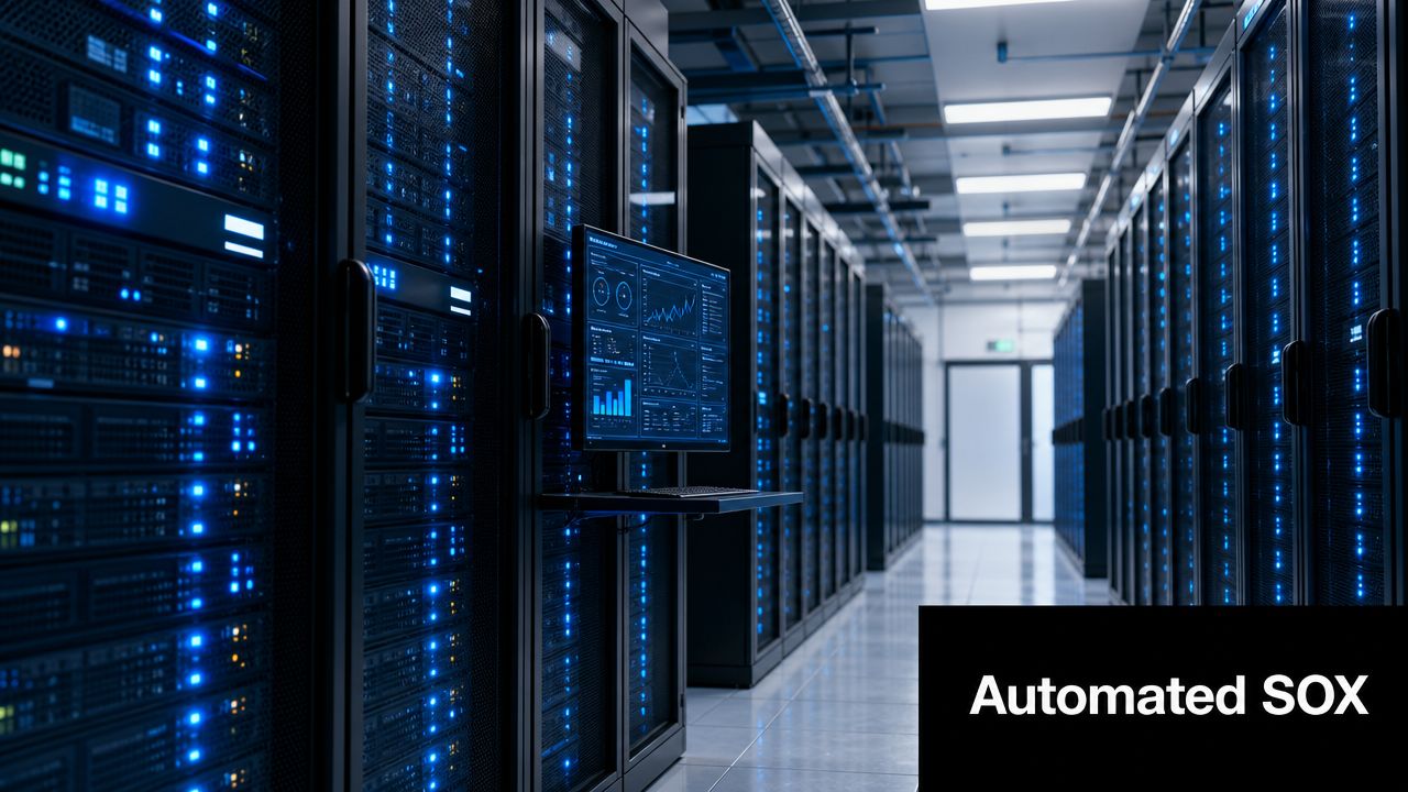 Expert Guide: Sarbanes Oxley Compliance for UAE/GCC 3 A modern data center featuring rows of server racks with blue LED lights and a monitoring screen.